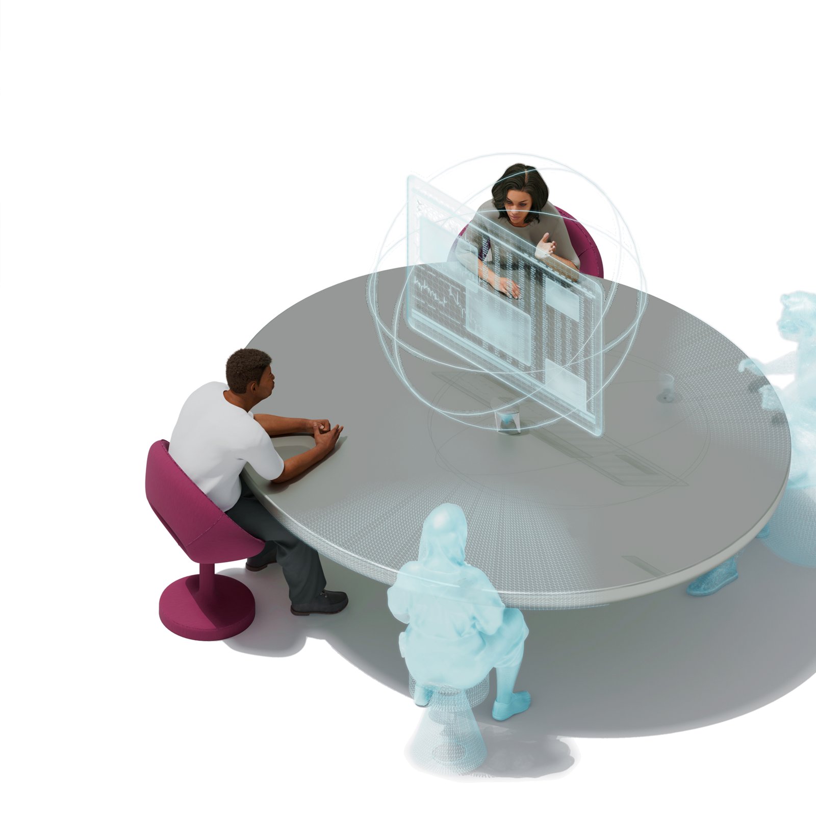 A round table where people present and remote colleagues join as holograms