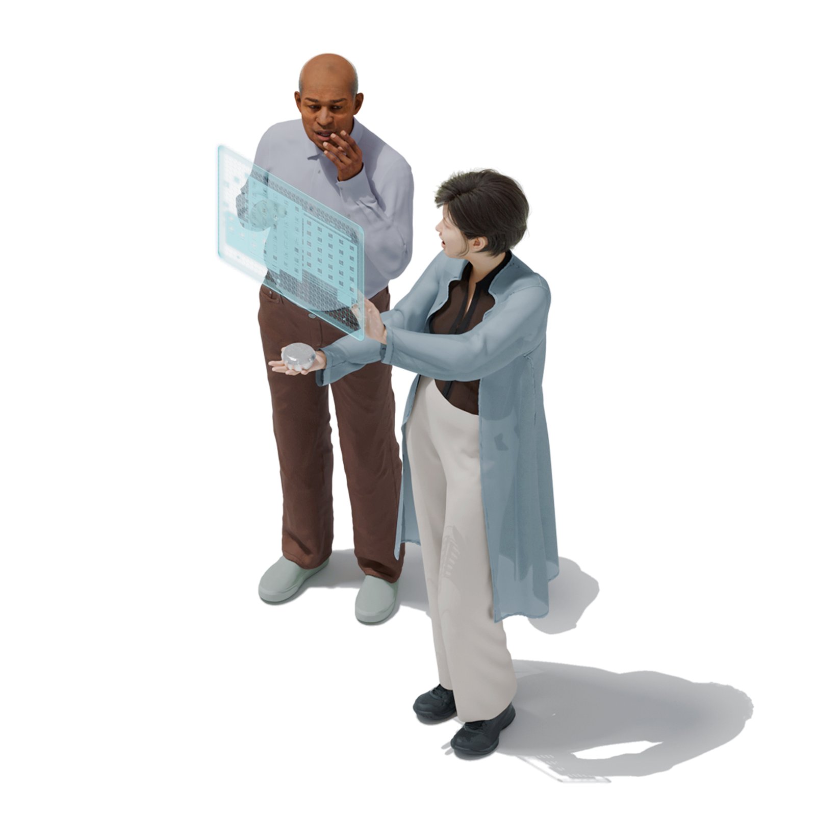 Two colleagues studying a translucent holographic tablet together